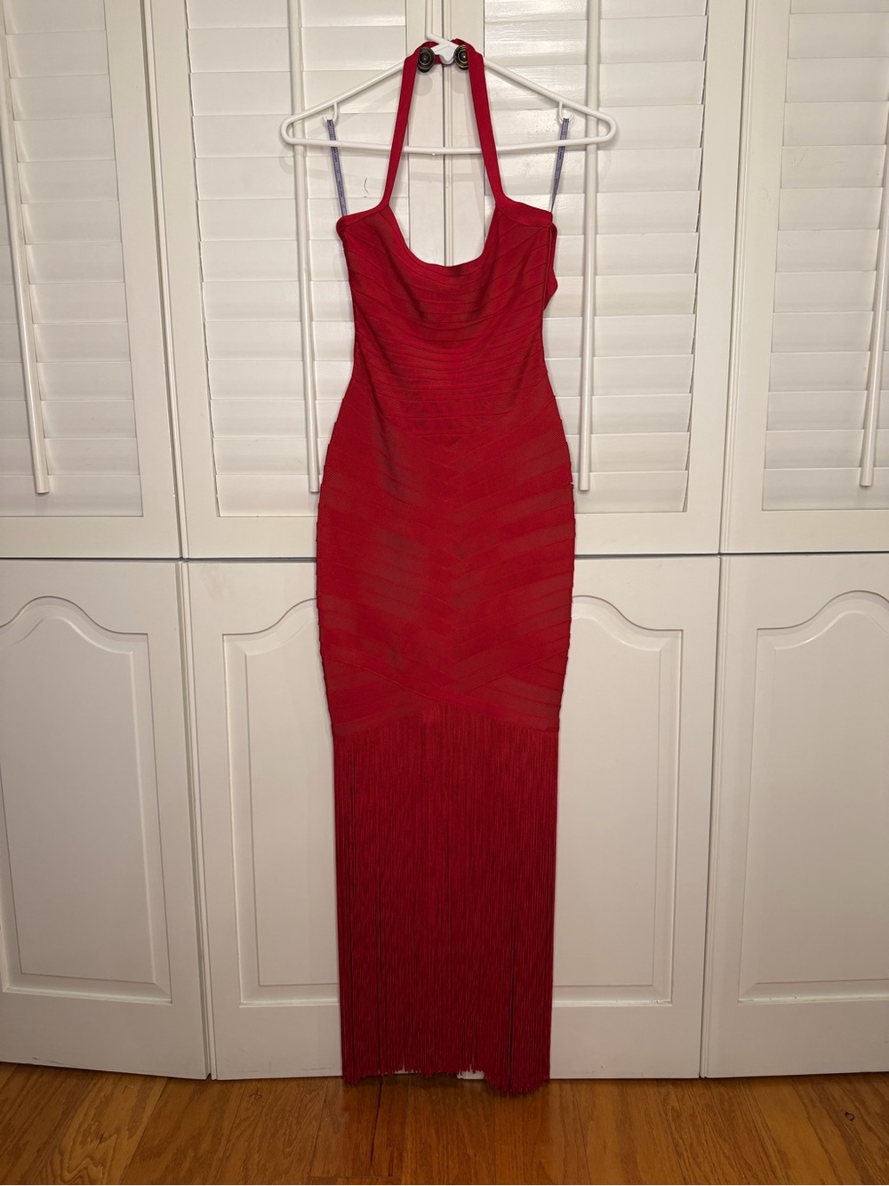 Herve Leger Red Halter Fringe Maxi Dress